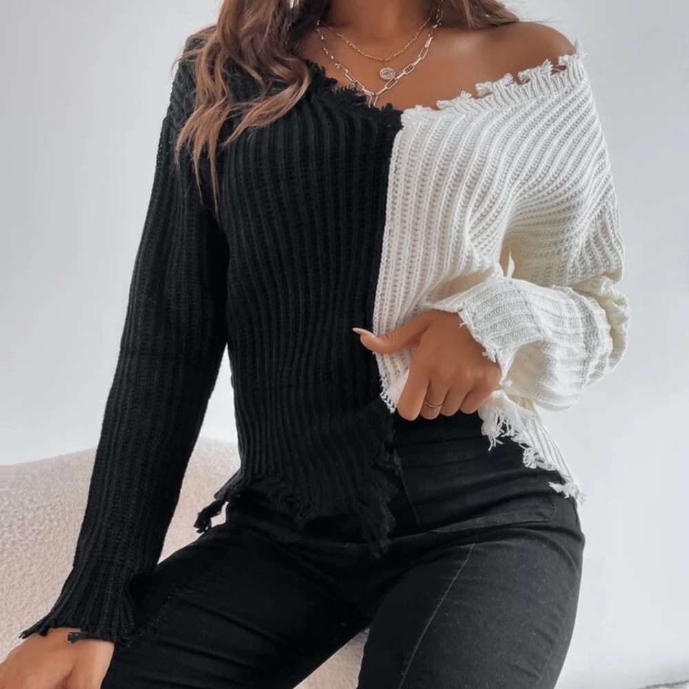 Shein Two Tone Drop Shoulder Distressed Trim Sweater 🧡